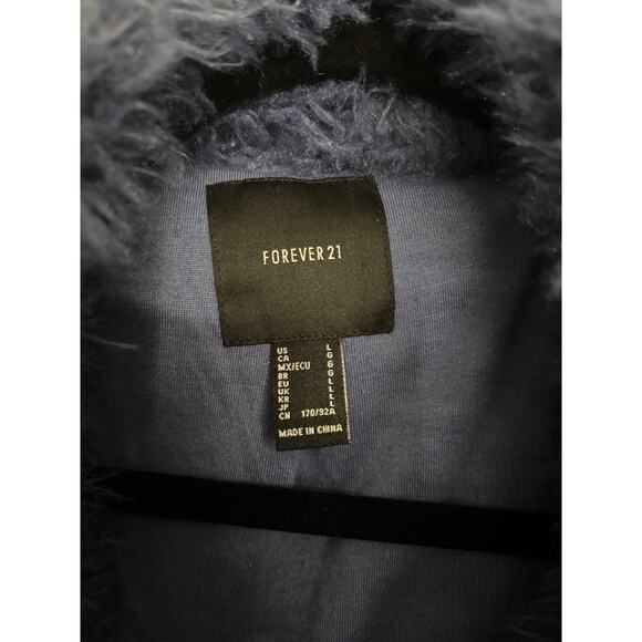 Forever 21 Jacket Womens Large Faux Fur Open Front Navy Blue Collared Plush - Picture 3 of 5